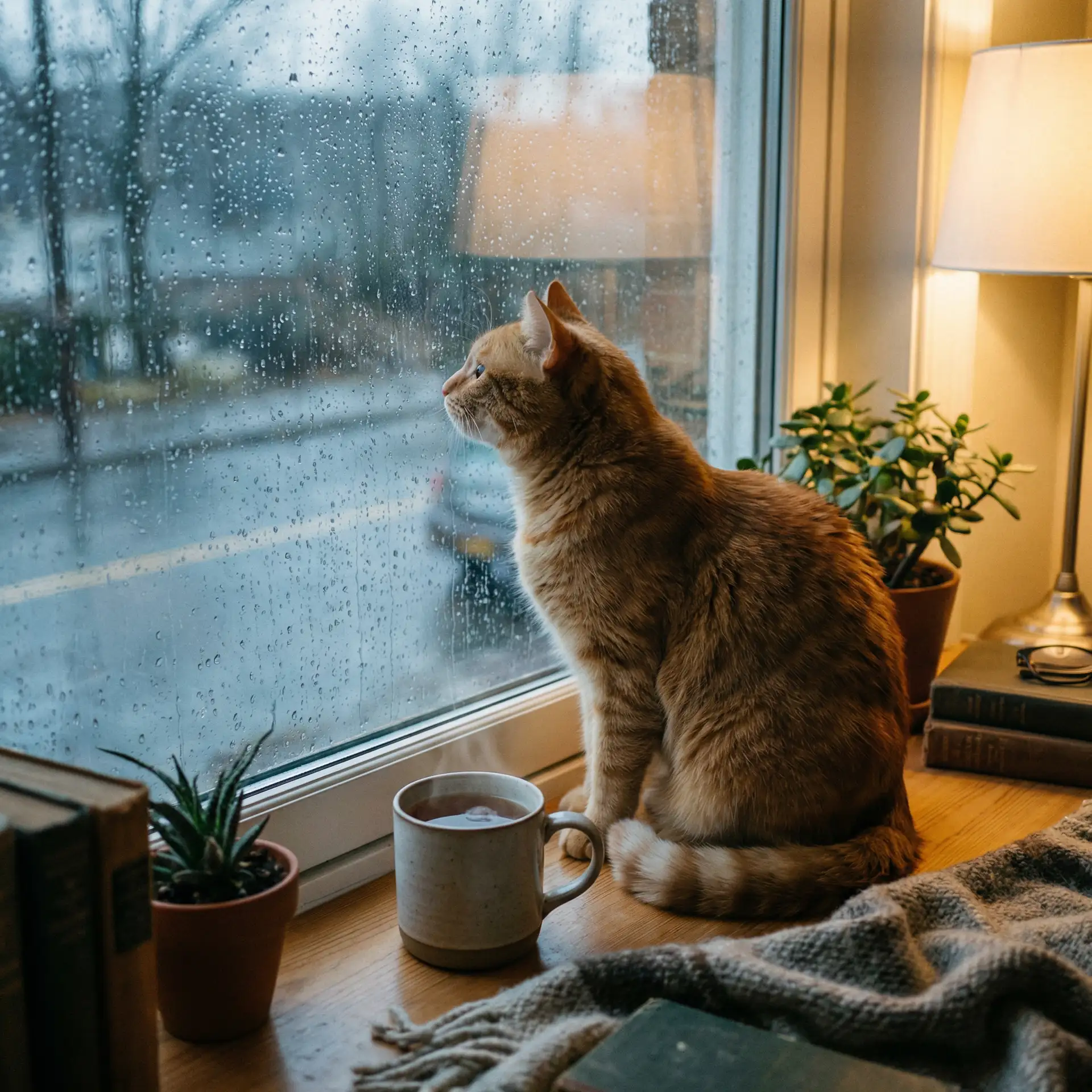 猫咪望着窗外的雨 - 翁熄性放纵